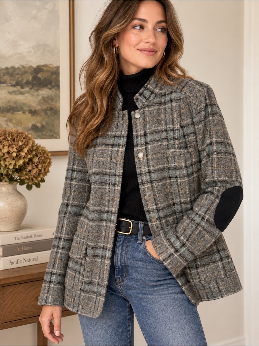 L.L.Bean Plaid Wool Silk Jacket Women’s L Elbow Patch Equestrian Blazer